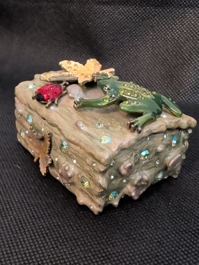 Vintage Rucinni Green Frog & Red Ladybug Trinket Box w/ Crystals